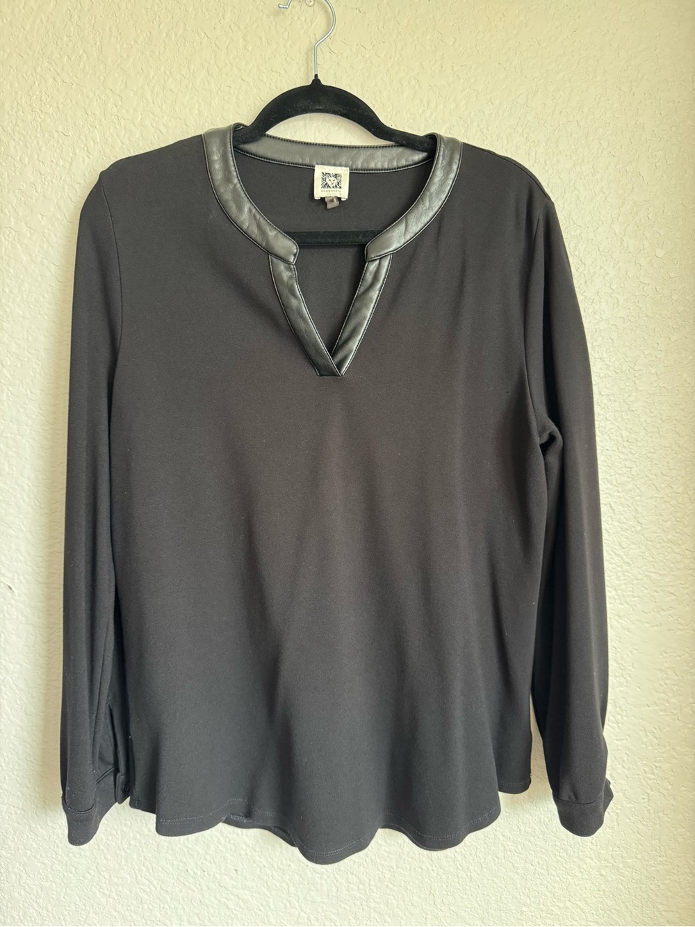 Anne Klein Black Long-Sleeve Top with Faux Leather Trim